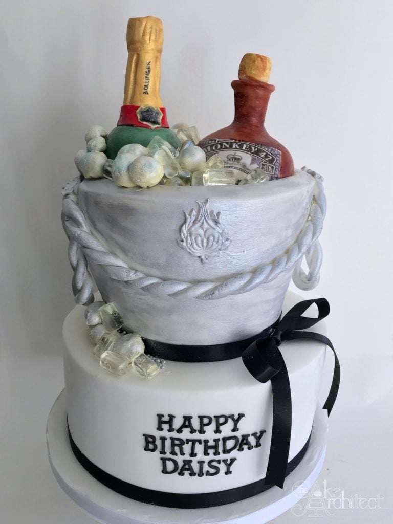 ice bucket, champagne and gin birthday cake for a party in Bath