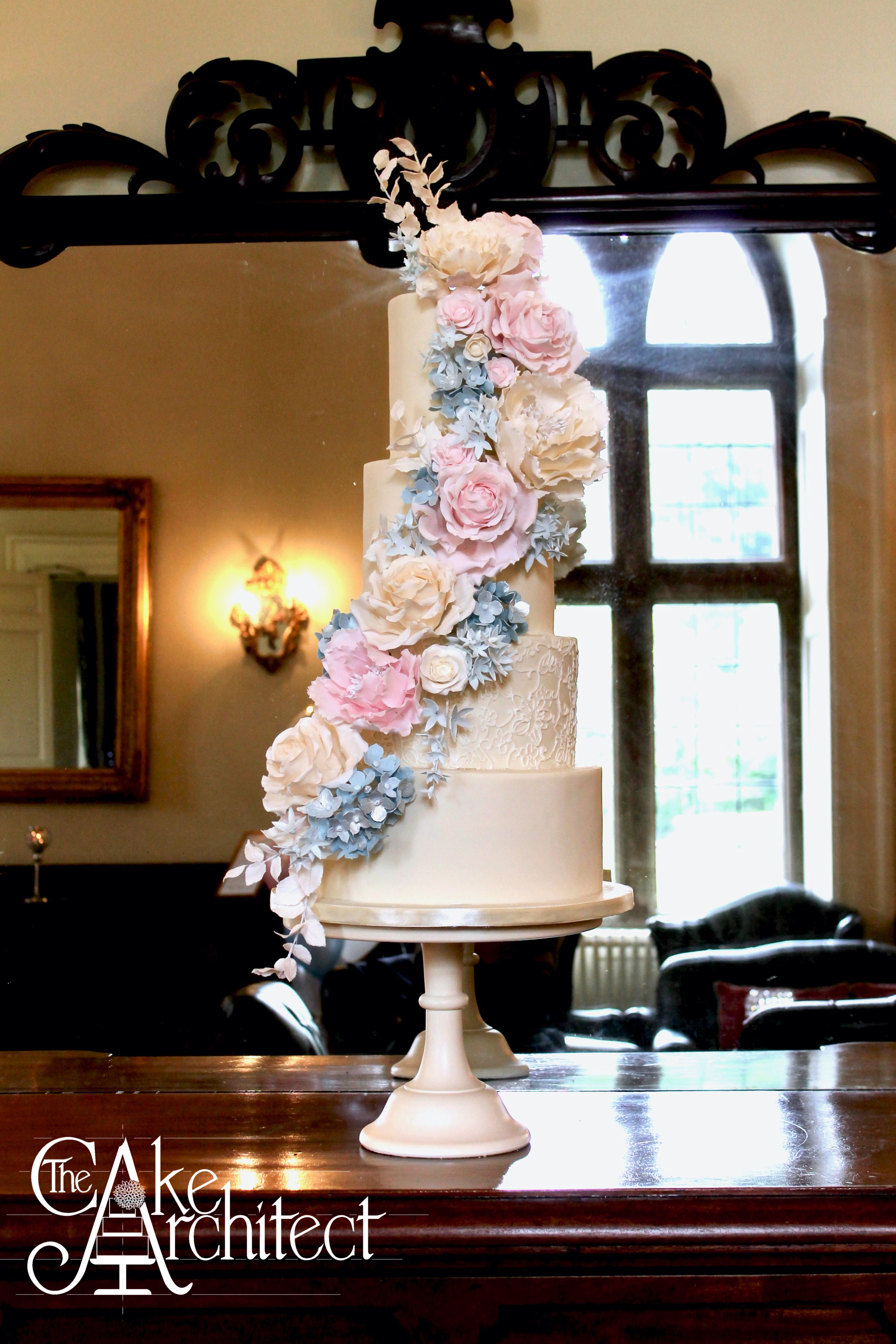 Luxury sugar flower cascade wedding cake at Clearwell Castle
